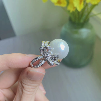 Bowknot 16mm Pearl Diamond cz Ring 100% Original 925 sterling silver Engagement Wedding band Rings for Women Party Jewelry