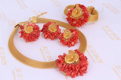Traditional Orange / Red Coral Beads Africa Nigeria Gold Plated Jewelry Set