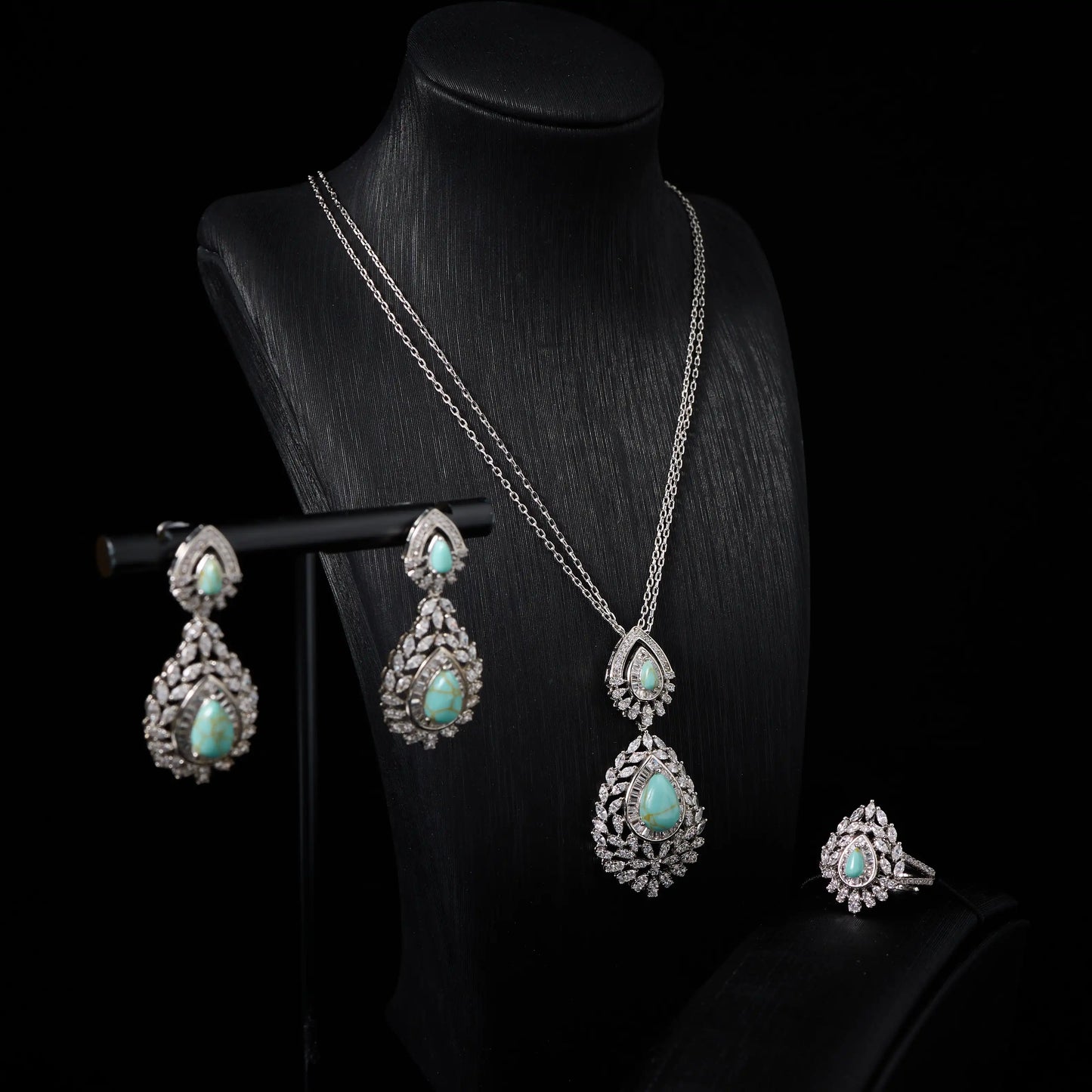 IN JEWELIFE Turquoise Layered Necklace Set for Women Zircon Pendant Color Jewelry Set Necklace Earring Ring Charm Wedding Party
