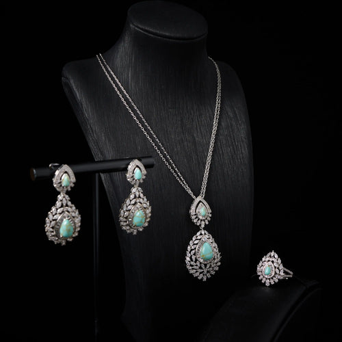 IN JEWELIFE Turquoise Layered Necklace Set for Women Zircon Pendant Color Jewelry Set Necklace Earring Ring Charm Wedding Party