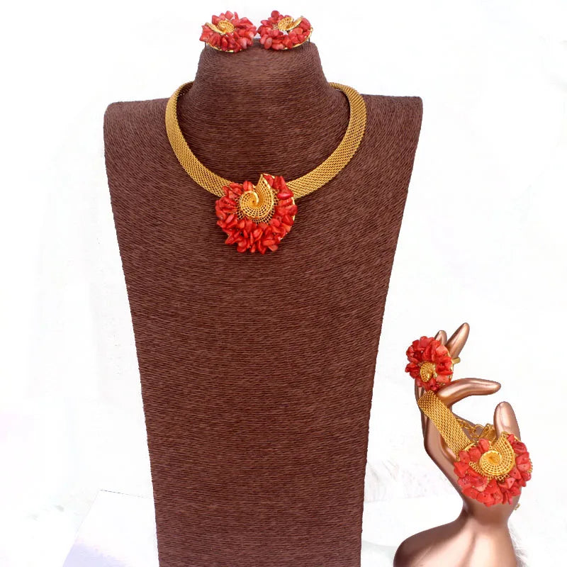 Traditional Orange / Red Coral Beads Africa Nigeria Gold Plated Jewelry Set