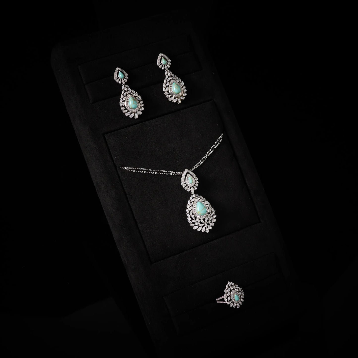 IN JEWELIFE Turquoise Layered Necklace Set for Women Zircon Pendant Color Jewelry Set Necklace Earring Ring Charm Wedding Party