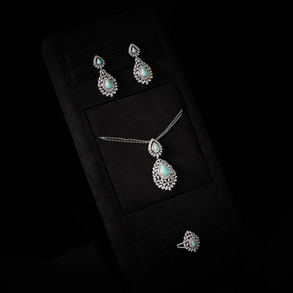 IN JEWELIFE Turquoise Layered Necklace Set for Women Zircon Pendant Color Jewelry Set Necklace Earring Ring Charm Wedding Party