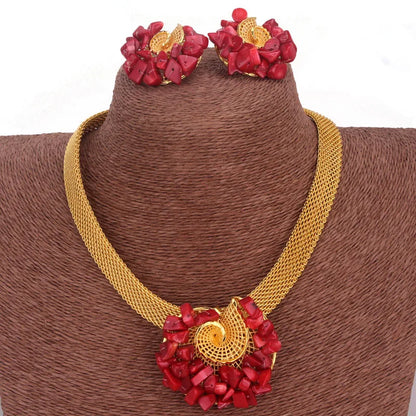 Traditional Orange / Red Coral Beads Africa Nigeria Gold Plated Jewelry Set