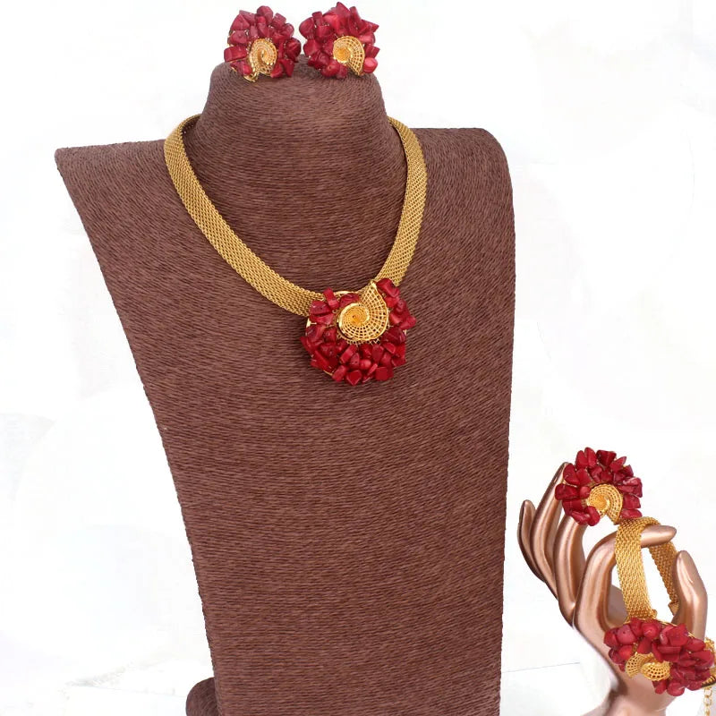 Traditional Orange / Red Coral Beads Africa Nigeria Gold Plated Jewelry Set