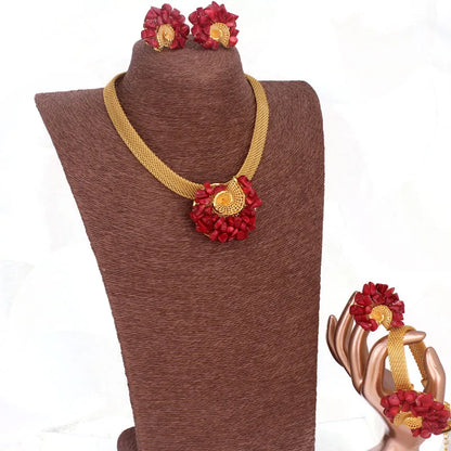 Traditional Orange / Red Coral Beads Africa Nigeria Gold Plated Jewelry Set
