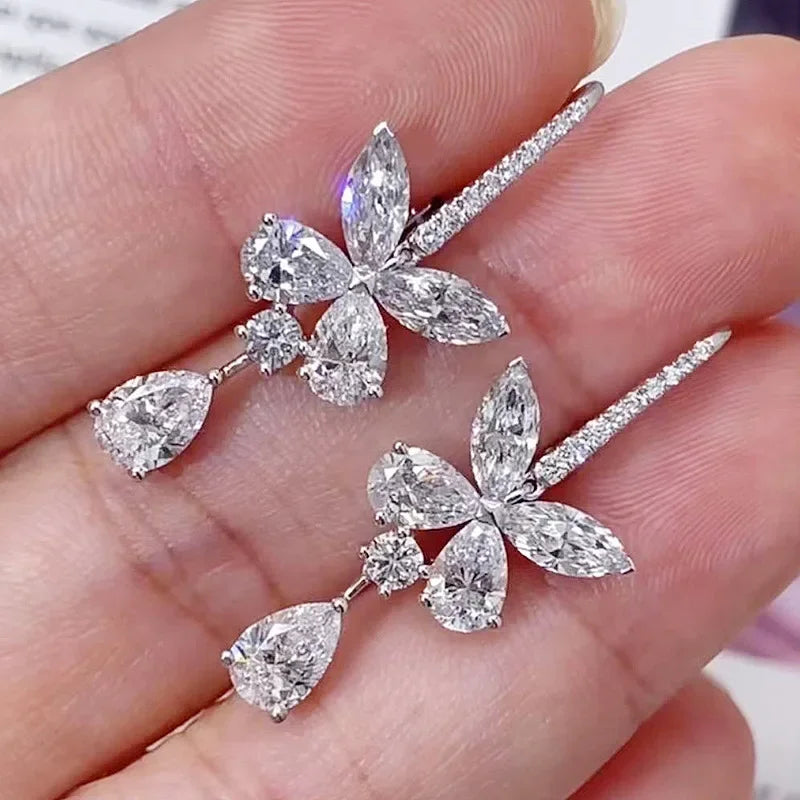 Flower Water Drop Moissanite Diamond Dangle Earring 100% Real 925 Sterling Silver Wedding Drop Earrings for Women Bridal Jewelry