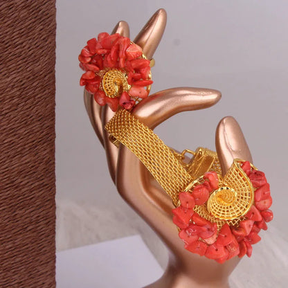 Traditional Orange / Red Coral Beads Africa Nigeria Gold Plated Jewelry Set
