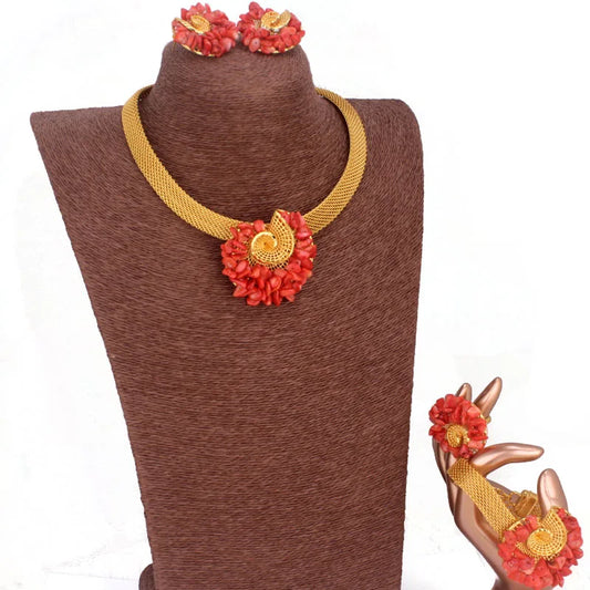 Traditional Orange / Red Coral Beads Africa Nigeria Gold Plated Jewelry Set